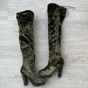 Whimsigoth Olive Green Velvet Tall Over-The-Knee Drawstring Fairycore Boots ~ 10